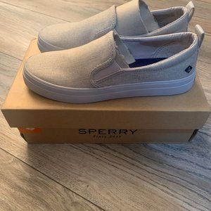 NWT SPERRY TOP SIDER WOMEN'S CREST TWIN GORE GREY LINEN CANVAS SNEAKER 5.5